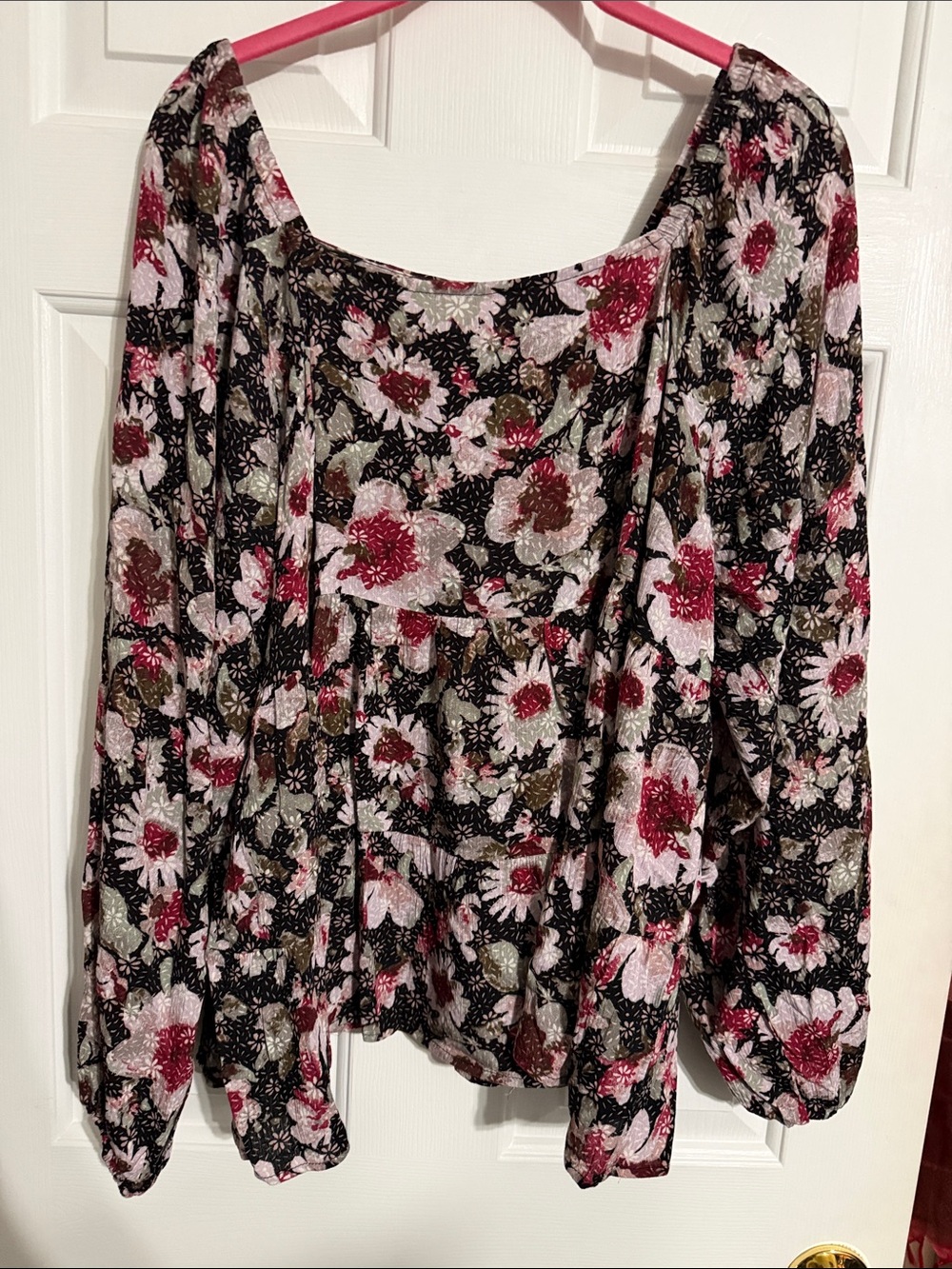 ODDY Black Floral Square-Neck Long-Sleeve Blouse
